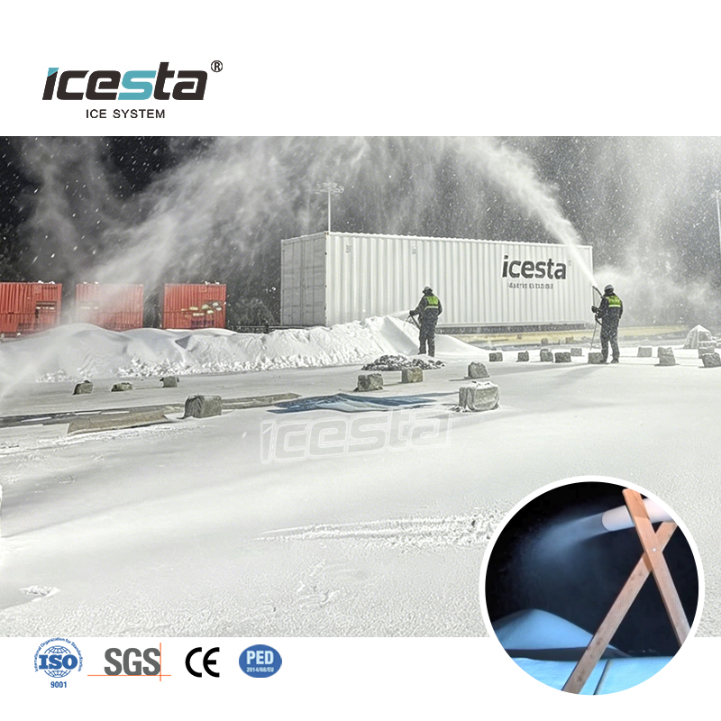 نظام صنع الثلج من ICESTA لجميع الأحوال الجوية مع ضاغط بيزتر، صانع الثلج الخارجي 20/50/100 طن لمنتجع التزلج